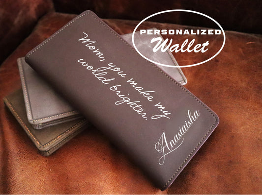 Personalized Handstiched Long Leather Wallet With Actual Handwritten Note With Name For Fathers Day Gift And Birthday Gift For Her And Mom