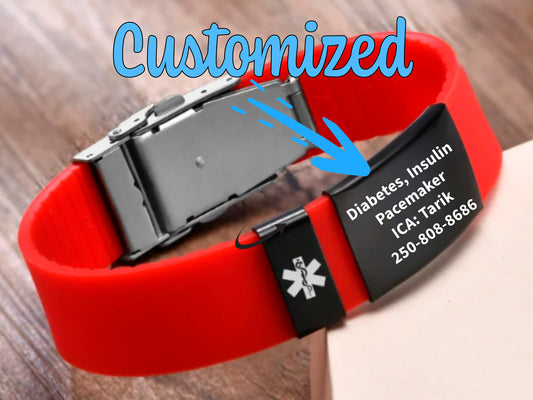 Custom Medical Alert Bracelet With A Silicone Band Personalized With Your In Case of Emergency Medical Information And Identification