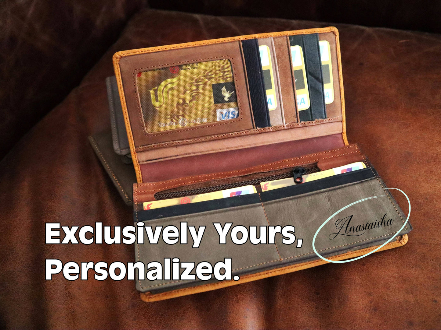 Tailored Long Wallet With Full Grain Natural Leather And Bifold Design Personalized With Your Name To Give As Birthday Gift To Men And Women