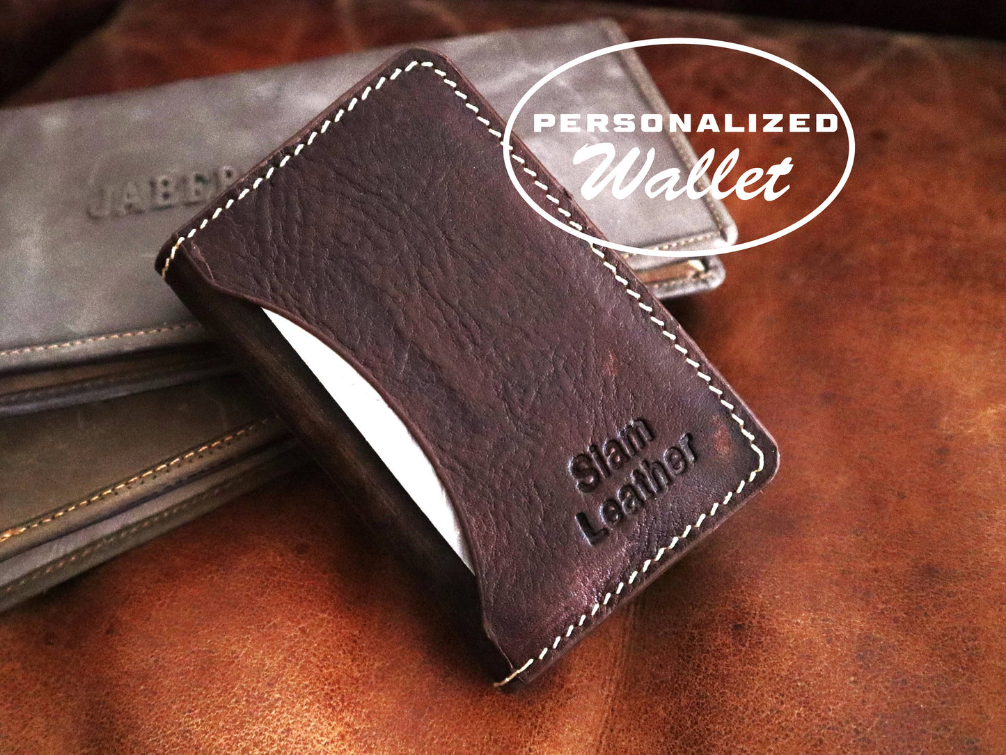 Tailored Full Grain Minimalist Leather Wallet Personalized With Your Hand Written Message And Engraved On A Bifold Slim Wallet Card Holder