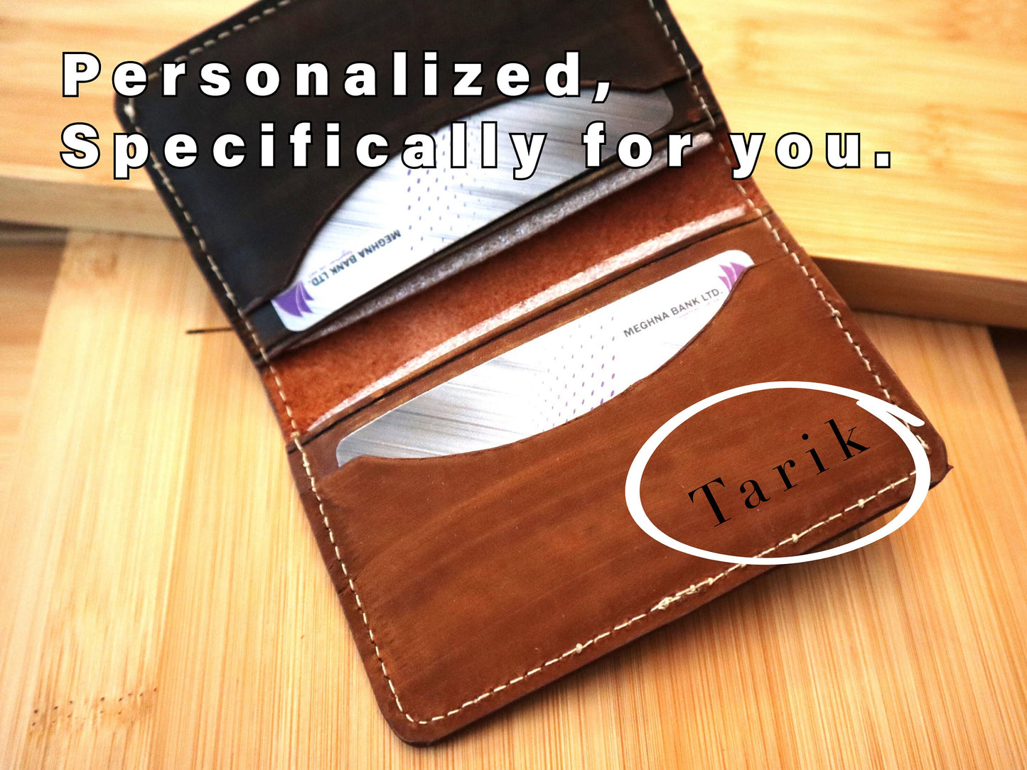 Tailored Full Grain Minimalist Leather Wallet Personalized With Your Hand Written Message And Engraved On A Bifold Slim Wallet Card Holder