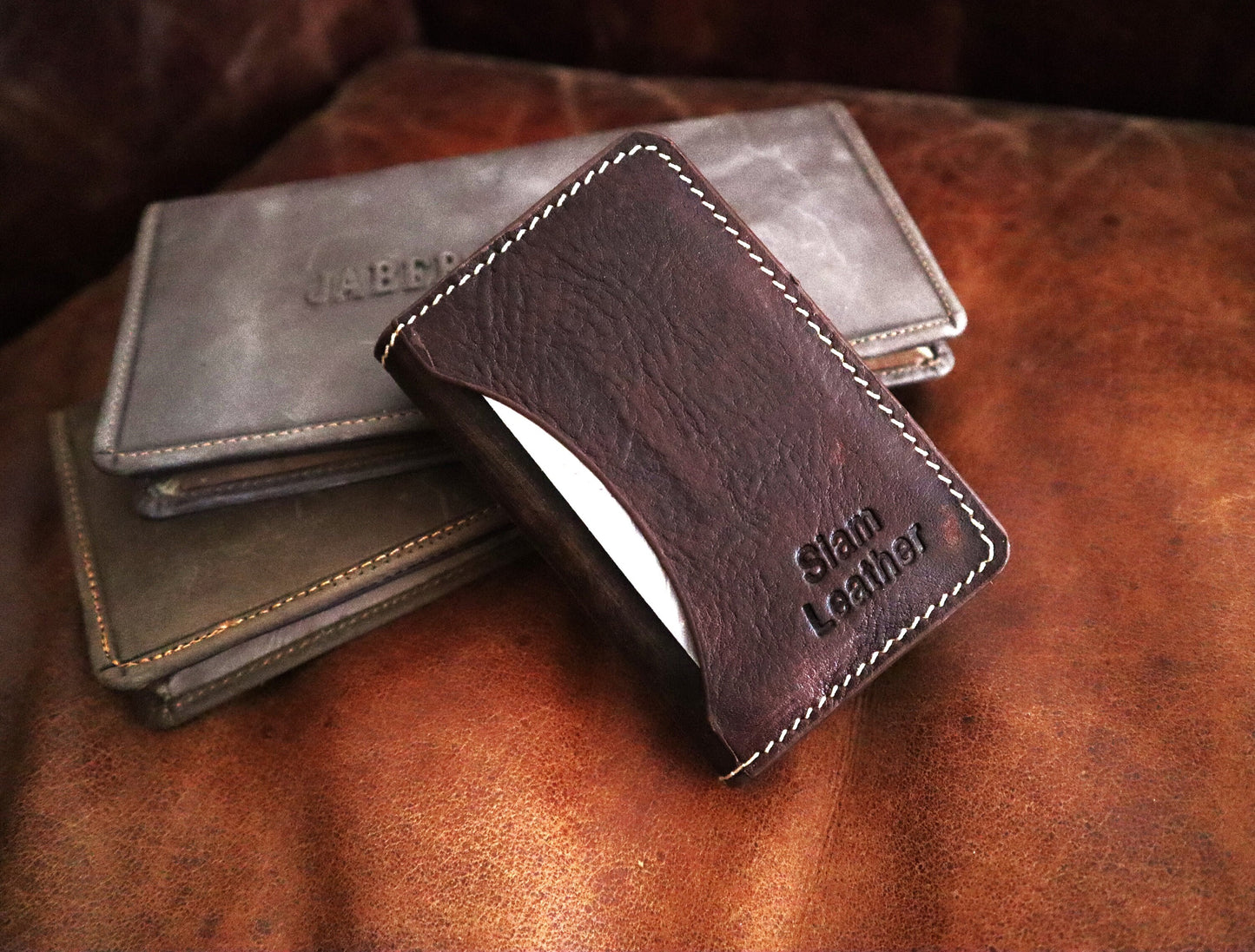 Tailored Full Grain Minimalist Leather Wallet Personalized With Your Hand Written Message And Engraved On A Bifold Slim Wallet Card Holder