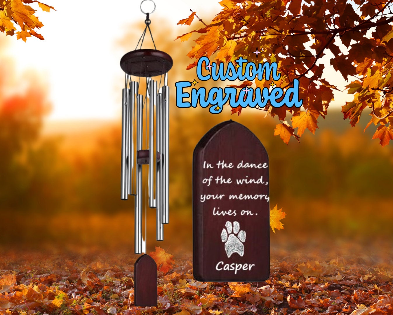 Personalized Pet Portrait Memorial Wind Chime Gift, Custom Pet Loss Sympathy Wind Chime For Dog And Cat Remembrace Memorial Garden Stone