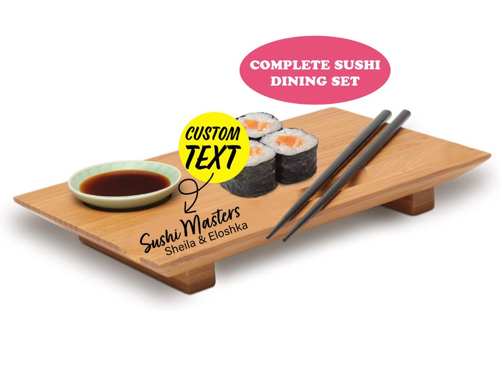 Personalized Reusable Chopsticks And Sushi Board Gift Set With Custom Engraved Name And Message To Give As Birthday Gifts For Sushi Lovers